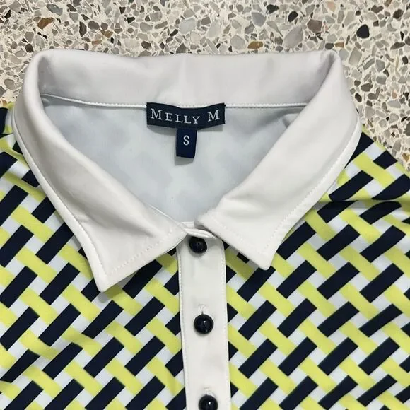 Melly M navy yellow print drawstring waist mini collared polo dress small s - Picture 4 of 5